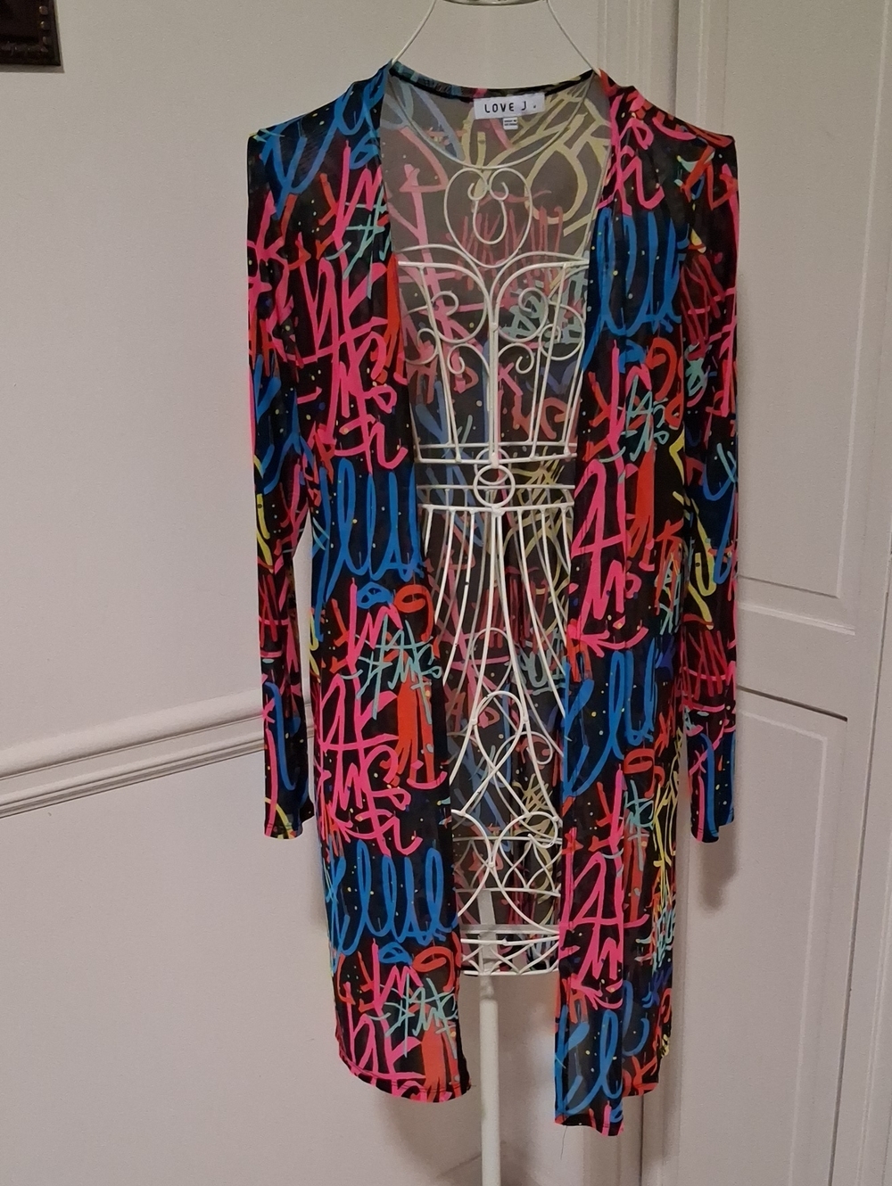 love J Black Graffiti-Print Open Cover Up with Neon Accents